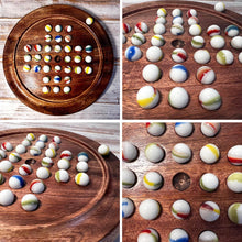 Load image into Gallery viewer, 22cm Diameter wooden SOLITAIRE BOARD GAME with OLD GLORY WHITE SWIRL GLASS MARBLES | classic wooden solitaire game | strategy board game | family board game | games for one | board games