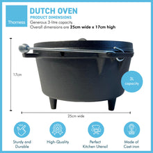 Load image into Gallery viewer, Cast Iron 3 Litre Dutch Oven pre-seasoned cooking pot with three feet | Spiral handle | Ideal for camping, cooking, baking and frying