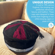 Load image into Gallery viewer, Size 56cm, small, Handmade Nepalese Burgundy Red and Black velvet Smoking Cap with traditional Tibetan design, lightweight, stylish design