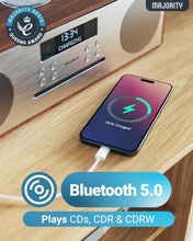 Load image into Gallery viewer, DAB+ Radio & CD Player | Compact Wooden HiFi Music System | Bluetooth Digital Home Stereo | FM, 20 Presets, Radio Alarm, & Remote Control | AUX & USB Input | USB Charging | MAJORITY Oakington (Walnut)