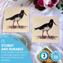 Load image into Gallery viewer, 2 x OYSTER CATCHER STONE COASTERS | Stone Coasters | Animal novelty gift | Coaster for glass, mugs and cups| Square coaster for drinks | Beach gift | Meg Hawkins art | 10cm x 10cm
