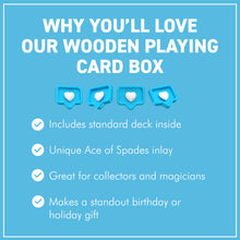 Load image into Gallery viewer, Handcrafted 𝗪𝗢𝗢𝗗𝗘𝗡 𝗣𝗟𝗔𝗬𝗜𝗡𝗚 𝗖𝗔𝗥𝗗 𝗕𝗢𝗫 with Silver Ace of Spades Inlay – Single Deck Storage Case with Playing Cards, Poker Gift for Card Players