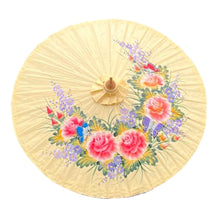 Load image into Gallery viewer, FLORAL OILED PAPER SUNSHADE PARASOL | Sun Protection | Wedding Accessories | UV Protection | Pink and Blue Flowers | Butterflies | Cream
