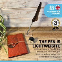 Load image into Gallery viewer, BROWN FEATHER QUILL PEN NOTEBOOK STAND AND INK | Calligraphy Set | Writing Set| Ink Pen | Leather Bound Notebook | Feather Pen | Creative Writing | Script