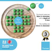 Load image into Gallery viewer, 30cm Diameter MANGO WOOD SOLITAIRE BOARD GAME with Pea Green Glass Marbles | |classic wooden solitaire game | strategy board game | family board game | games for one | board games