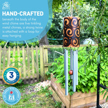 Load image into Gallery viewer, 44cm Length Indonesian Home and Garden Bamboo Burnt Swirl Windchime | chime ornament | wooden wind chimes | Classic Zen Garden windchime for relaxation | Bamboo wind chimes for garden.