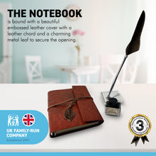 Load image into Gallery viewer, BROWN FEATHER QUILL PEN NOTEBOOK STAND AND INK | Calligraphy Set | Writing Set| Ink Pen | Leather Bound Notebook | Feather Pen | Creative Writing | Script