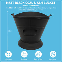 Load image into Gallery viewer, 𝗪𝗔𝗧𝗘𝗥𝗟𝗢𝗢 𝗦𝗧𝗬𝗟𝗘 𝗕𝗟𝗔𝗖𝗞 𝗠𝗔𝗧𝗧 𝗙𝗜𝗡𝗜𝗦𝗛 𝗖𝗢𝗔𝗟 & 𝗔𝗦𝗛 𝗕𝗨𝗖𝗞𝗘𝗧 𝟭𝟲” | H35cm x Dia28cm | Heat-Resistant Metal Bucket for Fireplace | Log Burner or Stove | 𝗙𝗜𝗥𝗘𝗦𝗜𝗗𝗘 Accessory for Ash, Coal & Log Storage