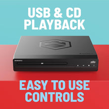 Load image into Gallery viewer, Compact DVD Player with Included HDMI | Multi Region Disc Playback | 1080P HD Upscaling | HDMI, RCA, & AV Connectivity | USB, MP3, & CD Playback | Easy Use Remote Control Included | Oakcastle DVD100