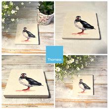 Load image into Gallery viewer, PROFESSOR PUFFIN STONE COASTER | Stone Coasters | Animal novelty gift | Coaster for glass, mugs and cups| Square coaster for drinks | Puffin gift | Meg Hawkins art | 10cm x 10cm