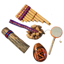 Load image into Gallery viewer, Rainforest Rhythm set of instruments | South America Musical instruments | Handmade instruments | Rainforest sounds | Musical gift box for adults and children | Instruments for schools | 5 instruments included
