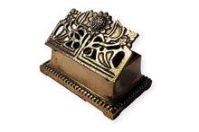 Load image into Gallery viewer, Antique style brass sunflower postage stamp holder and inkwell – polished brass desk organizer and storage
