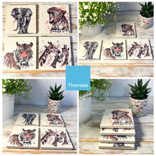 Load image into Gallery viewer, WILDLIFE SET OF 4 COASTERS | Leopard | Giraffe | Tiger | Elephant | Stone Coasters | Animal novelty gift | Coaster for glass, mugs and cups| Square coaster for drinks | Meg Hawkins art | 10cm x 10cm