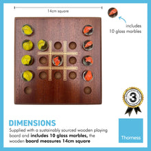 Load image into Gallery viewer, Noughts and Crosses marble game with wooden board | Tic Tac Toe strategy solitaire marble game | includes 10 glass marbles and wooden board | 14cm x 14cm | Strategic and Engaging Twist on a Classic game

