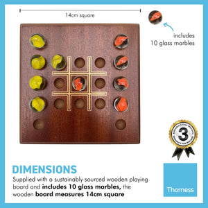 Noughts and Crosses marble game with wooden board | Tic Tac Toe strategy solitaire marble game | includes 10 glass marbles and wooden board | 14cm x 14cm | Strategic and Engaging Twist on a Classic game