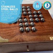 Load image into Gallery viewer, Handmade compact wooden classic solitaire game with stainless steel balls | 13cm x 13cm with storage draw | Travel game
