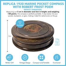 Load image into Gallery viewer, Vintage style reproduction 1920 Marine Pocket Compass with Robert Frost Poem, Antique Brass Finish, Distressed Look