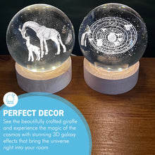 Load image into Gallery viewer, Set of Two 3D Crystal Ball Night Light USB Lamp with Galaxy and Giraffe designs, elegant modern illumination for any room