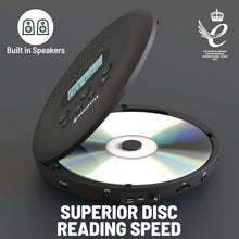 Load image into Gallery viewer, Bluetooth Portable CD Player with Speakers | Rechargeable Battery & 12 Hours of Playtime | Stereo Speakers & In-line Remote Headphones Included | AUX, Custom EQ Settings, Anti-Skip | Oakcastle CD125