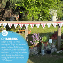 Load image into Gallery viewer, Cotton Lighthouse Bunting (195cm long) for Coastal Dรฉcor and Celebrations,12 Flags, Red & Blue Nautical Theme, Reusable & Washable