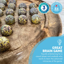 Load image into Gallery viewer, 30cm Diameter MANGO WOOD SOLITAIRE BOARD GAME with SPECKLED GOLDEN SPINOSAURUS GLASS MARBLES | |classic wooden solitaire game | strategy board game | family board game | games for one | board games