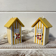 Load image into Gallery viewer, Pair of Yellow beach hut light pulls | Nautical Theme Wooden Beach Hut Cord Pull Light Pulls