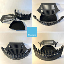 Load image into Gallery viewer, 16" Solid Cast IRON FIREPLACE GRATE SET – Castle Front Design with Ash Pan & Steel Log Tongs for Traditional Home Fireplaces