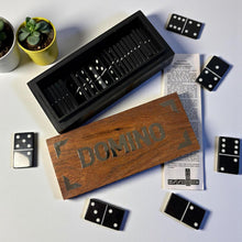 Load image into Gallery viewer, DOMINOES SET IN WOODEN STORAGE BOX – Chrome Inlay Lid – Resin Tiles – Classic Game for Family & Friends