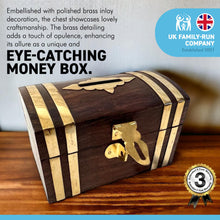 Load image into Gallery viewer, WOODEN TREASURE CHEST MONEYBOX WITH DECORATIVE INLAID BRASS |Piggy Bank | Wooden Treasure Chest | Wooden Chest | Pirates Chest | Vintage Money Box