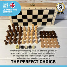 Load image into Gallery viewer, WOODEN CHESS BACKGAMMON CHEQUERS GAME COMPENDIUM | 3 in 1 Wooden Games Set | Travel Games Set | Portable Board Games | Wooden Games | Traditional Games