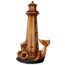 Load image into Gallery viewer, Handcrafted Wood-Effect Lighthouse: 22cm Height, Intricate Carving, Adorned with Whale Tail Design