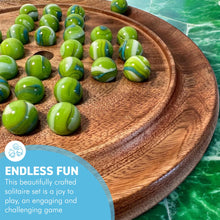 Load image into Gallery viewer, 22cm Diameter wooden SOLITAIRE BOARD GAME with GREEN LEPRECHAUN GLASS MARBLES | classic wooden solitaire game | strategy board game | family board game | games for one | board games