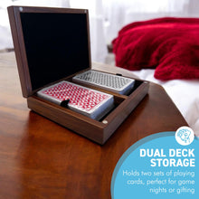 Load image into Gallery viewer, Hand Carved Sheesham Wood Union Jack Card Box,  Premium Storage Case with Green Baize Lining & 2 Decks of Playing Cards