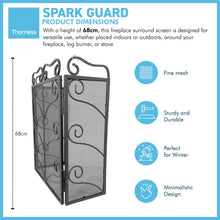 Load image into Gallery viewer, Black Metal foldable 3-panel fireplace surround screen 68cm high with mesh netting | Spark Guard | Fire guard | decorative pattern | Indoor or outdoor use | for open fires, log burners, stoves