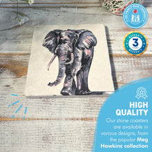 Load image into Gallery viewer, ELEPHANT STONE COASTER | Stone Coasters | Animal novelty gift | Coaster for glass, mugs and cups| Square coaster for drinks | Elephant gift | Meg Hawkins art | 10cm x 10cm
