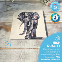 Load image into Gallery viewer, ELEPHANT STONE COASTER | Stone Coasters | Animal novelty gift | Coaster for glass, mugs and cups| Square coaster for drinks | Elephant gift | Meg Hawkins art | 10cm x 10cm