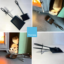 Load image into Gallery viewer, FIRESIDE BRUSH and  PAN shovel set | Tidy clean log burner stove | Powder coated black finish | Built-in stand | Hearth Iron Fireside Tidy Set | Bannister set
