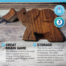 Load image into Gallery viewer, 4-piece Elephant Wooden Puzzle Box | Wooden Elephant Puzzle Box | Handmade wooden puzzle box | Handmade Wooden trinket secrets Box | Sustainable Shesham wooden hand carved box | 12cm (w) x 5cm (h)