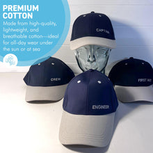 Load image into Gallery viewer, Set of 4 Adjustable Navy-Blue Baseball Caps, Engineer, Captain, Crew & First Mate, Nautical Boating Hats for Sailing, Yachting & Team Uniform