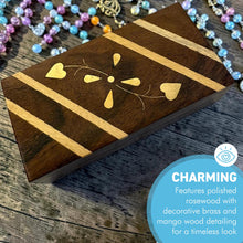 Load image into Gallery viewer, Rosewood Floral Heart Inlaid Trinket Box, Handmade Wooden Keepsake Box with Brass & Mango Wood Inlay, Jewellery Storage Box for Rings, Earrings, Cufflinks & Small Treasures, 10 x 5 x 3 cm