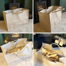 Load image into Gallery viewer, 𝗟𝗔𝗥𝗚𝗘 𝗛𝗘𝗦𝗦𝗜𝗔𝗡 𝗙𝗜𝗥𝗘𝗪𝗢𝗢𝗗 𝗖𝗔𝗥𝗥𝗜𝗘𝗥 𝗕𝗔𝗚 𝟲𝟯𝘅𝟮𝟵𝘅𝟰𝟬𝗰𝗺 | Log Holder Tote Bag with 2 Handles | Fireplace Wood Storage | Fireside Accessories