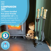 Load image into Gallery viewer, Large brass handled metal 5-piece fireside companion set | Fire companion sets | includes stand, brush, tongs, poker, and shovel | 61cm high | Wood burner set | Fireside tools accessories