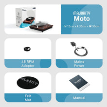 Load image into Gallery viewer, Majority Moto REFURBISHED VINYL RECORD PLAYER Turntable with Audio-Technica Cartridge + D50X BLUETOOTH HI-FI SPEAKERS – Black Complete Wireless Vinyl System with USB Recording & Bluetooth 5.3