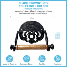 Load image into Gallery viewer, Elegant Black 'Crown' Iron Toilet Roll Holder – Decorative, Durable, and Stylish Bathroom Accessory