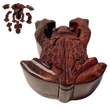 Load image into Gallery viewer, 7-piece Frog Wooden Puzzle Box | Wooden Frog Puzzle Box | Handmade wooden puzzle box | Handmade Wooden trinket secrets Box | Sustainable Shesham wooden hand carved box | 14cm (w) x 5cm (h)