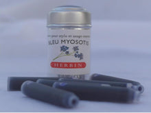 Load image into Gallery viewer, J Herbin Blue metal roller ball pen with fine nib and tin of 6 Blue Bleu Myosotist cartridges