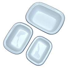 Load image into Gallery viewer, Set of three traditional White Enamel Pie Dishes 32cm, 22cm and 26cm, Traditional Bakeware
