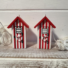 Load image into Gallery viewer, Set of 2 Red and white beach hut light pulls| Nautical Theme Wooden Beach Hut Cord Pull Light Pulls