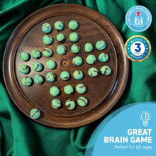 Load image into Gallery viewer, 30cm Diameter WOODEN SOLITAIRE BOARD GAME with BUTTERFLY GLASS MARBLES | classic wooden solitaire game | strategy board game | family board game | games for one | board games