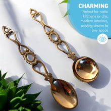 Load image into Gallery viewer, Set of 2 brass Love Spoons, decorative wedding tokens, rustic altar spoons, country kitchen decor, perfect housewarming gift